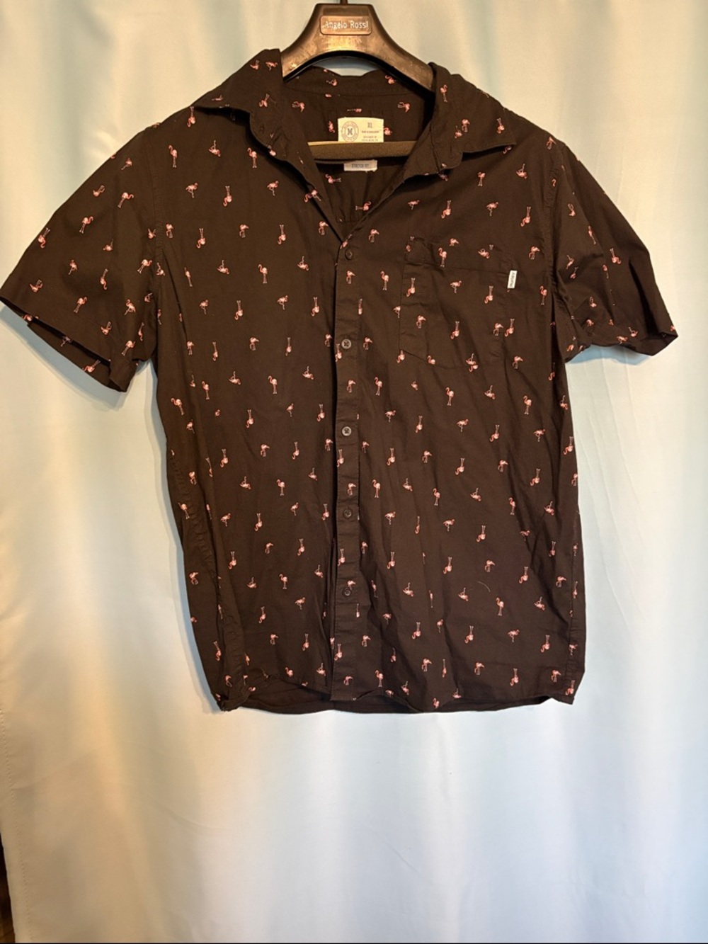 Hurley Black Short-Sleeve Button-Down Shirt with Pink Flamingo Print
